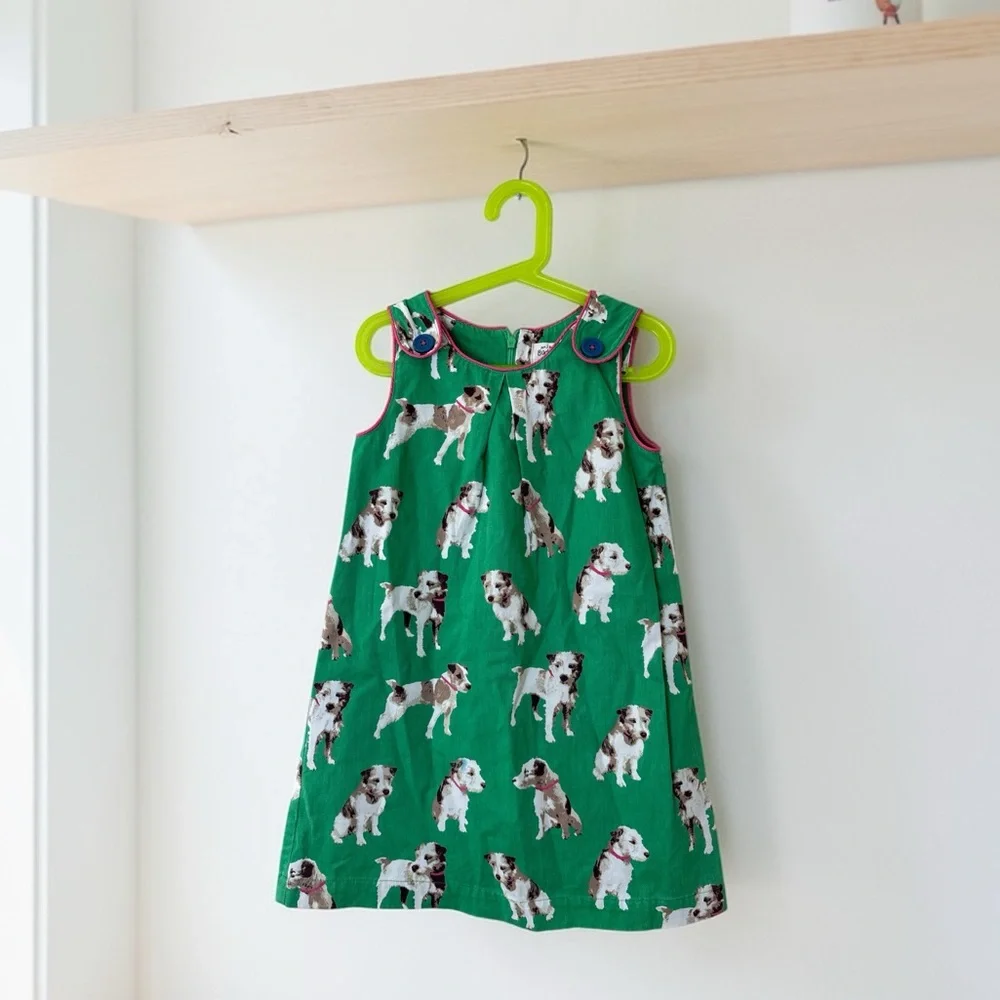 Mini Boden Green Dog Print Dress 6-7 Cute Puppy Dress Sleeveless A-line EUC